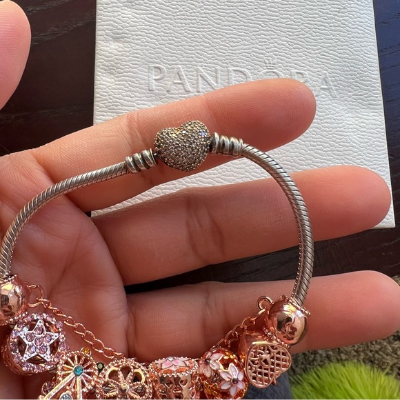 Pandora Rose Gold Pave Heart Clasp Bracelet with Fantasy Rose Gold Theme Charms - Picture 8 of 11